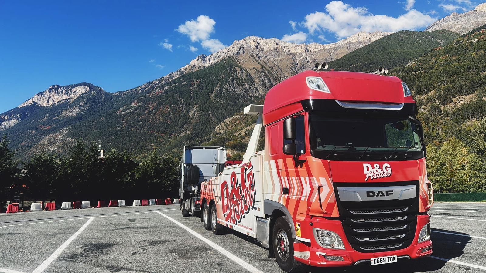 D&G recovery truck crossing the European mountains