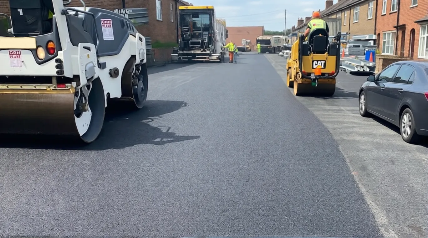 Vehicles being moved for temporary roadworks and road resurfacing